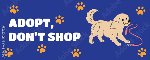 Adopt don’t shop banner with cute dog and leash, pet adoption and responsible ownership concept, retro style vector