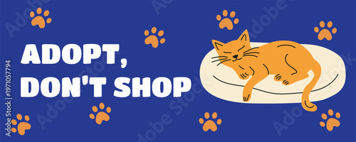 Pet adoption banner with cute cat resting in pet bed, adopt don’t shop message, retro style vector illustration
