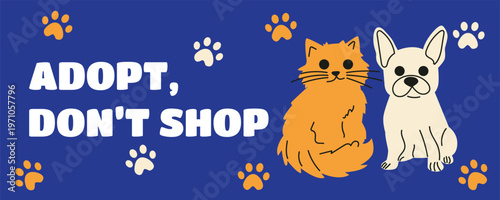 Adopt don’t shop banner with cute dog and cat together, pet adoption and animal rescue concept, retro flat style illustration