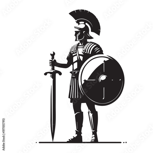 Black and white silhouette vector of a Roman soldier standing with a sword and shield against a clean white background.