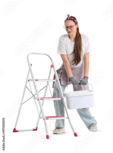 Young woman with bucket and...
