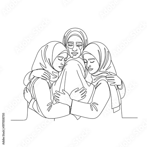 Three women wearing headscarves hugging.
