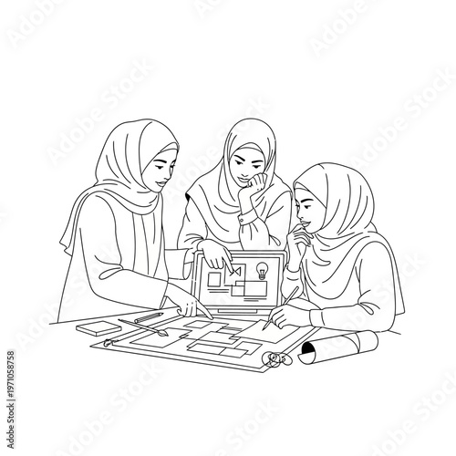 Three Women Wearing Headscarves Meeting.