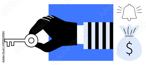 Security, access control, financial management, fraud prevention, online safety, digital alerts. Hand holding a key, money bag and notification bell. Security and financial management concept