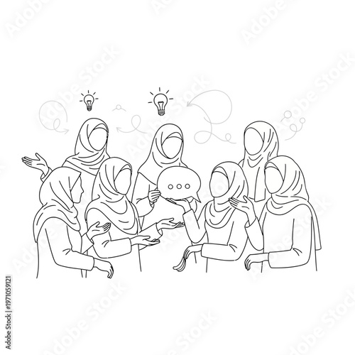 Women wearing headscarves talking together.