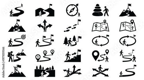Journey Path Success Glyph Icon Set: Navigation, Progress, Goal, and Adventure Concepts