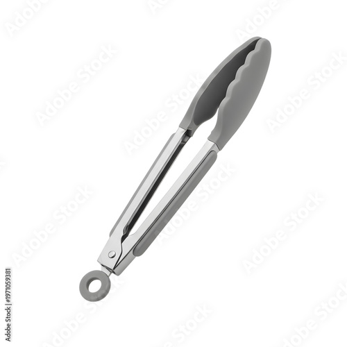 A pair of stainless steel tongs with gray silicone tips isolated on transparent background