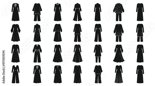 Islamic Modest Fashion Women's Abayas and Dresses Silhouette Vector Glyphs Set