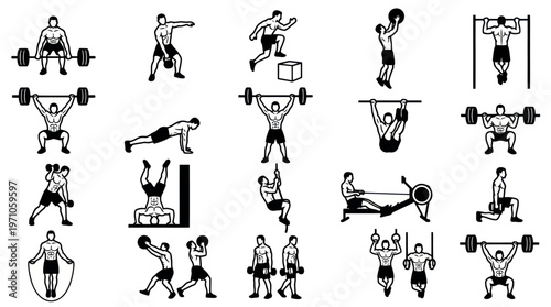 Fitness Workout Exercises Gym Icons Set Black White Line Art Glyphs