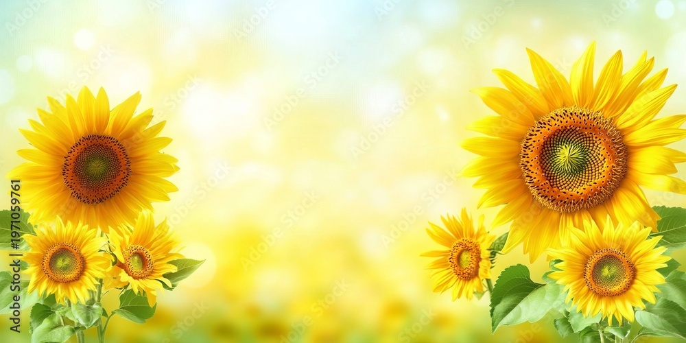 Obraz premium A Vibrant Field of Sunflowers Under a Clear Blue Sky, Ideal for Summer and Nature Themes.