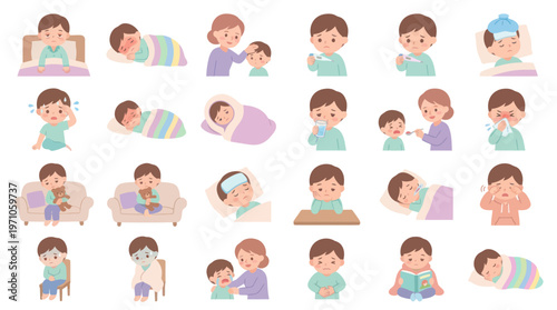 Healthcare Flat Vector Illustrations of Sick Children with Fever, Medicine, and Parental Care