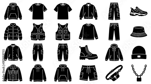 Black  White Streetwear Fashion Clothing and Accessories Glyph Icons Set