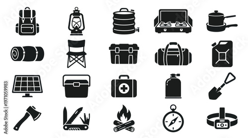 Outdoor Camping Equipment and Survival Gear Glyph Icons Set