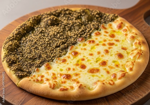 Freshly baked manakish with zaatar and cheese on a wooden board