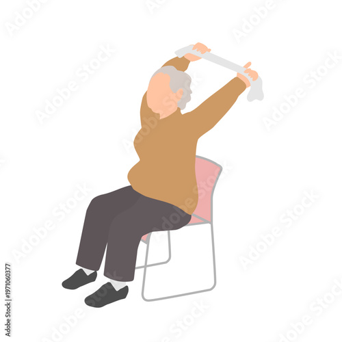 高齢女性の椅子体操　タオルを使ったストレッチ運動（ぽっちゃり体型）