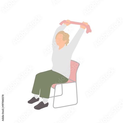 高齢女性の椅子体操　タオルを使ったストレッチ運動（健康体）