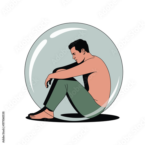 A man sits alone in a large bubble feeling isolated