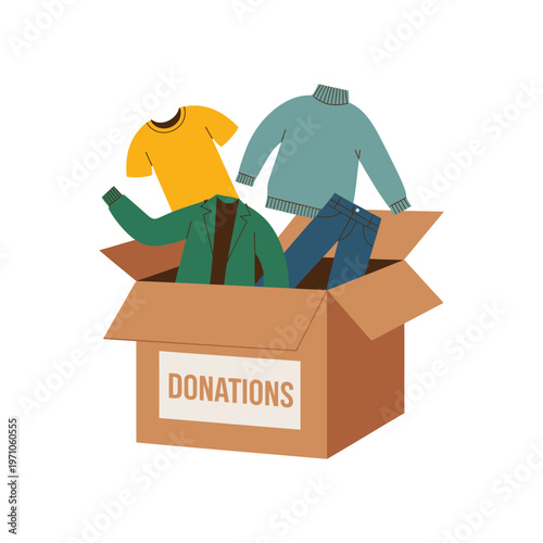 A cardboard box overflowing with donated clothes and items