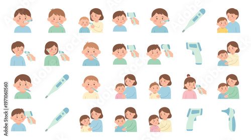 Pediatric Fever  Temperature Checks with Thermometers - Flat Medical Vector Illustrations