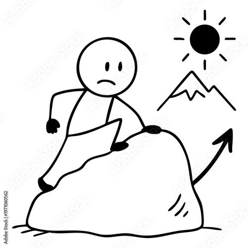 A stick figure struggling to push a large boulder up a mountain