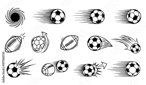 Detailed soccer ball icon set with motion effects, speed football, and dynamic sports illustrations