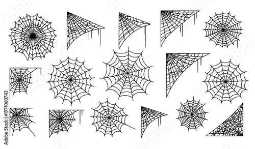 Detailed spiderweb outline icon set with cobweb varieties and halloween mesh pattern illustrations