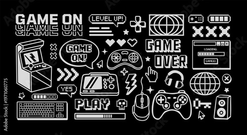 Gaming vector illustration set with game controllers, arcade machine, pixel text, Y2K and UI elements, headset, keyboard, mouse and symbols.