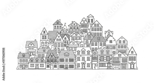 Detailed Sketch of a Dense European Cityscape with Historic Buildings.