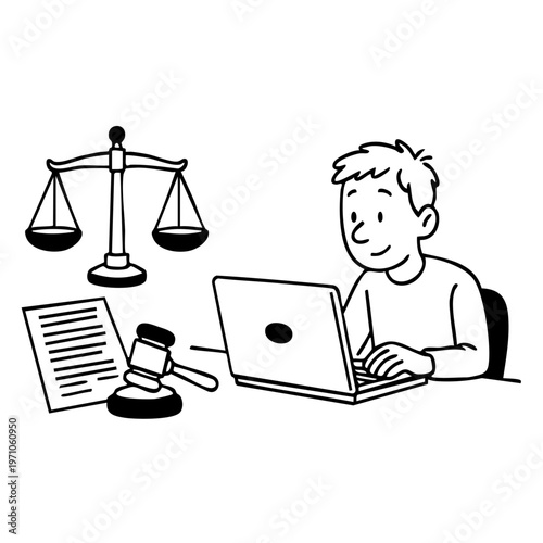 A young lawyer working on a laptop with legal documents and scales