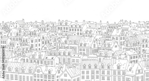 Detailed Sketch of a Dense European Cityscape with Many Buildings.