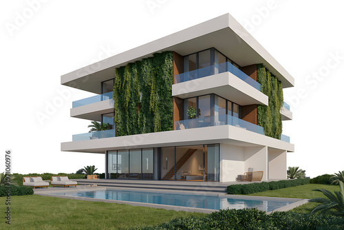Modern multistory house with green walls and swimming pool