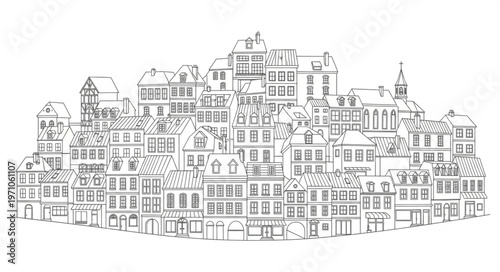 Detailed Sketch of an Old European Cityscape with Buildings.