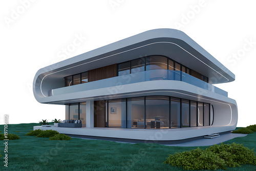 Modern twostory house with curved lines and large windows on green lawn