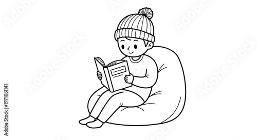 Cozy Child in Winter Hat Relaxing with a Book on a Beanbag Chair