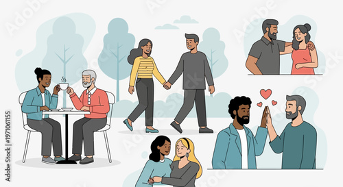Diverse couples in casual settings, celebrating relationships and connection