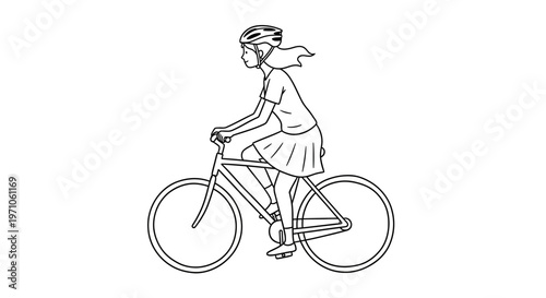 Minimalist line art illustration of a young woman cycling actively, wearing a helmet, enjoying a healthy outdoor activity, rendered in a clean, modern vector graphic style