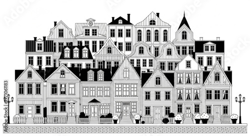 Detailed Black and White Illustration of a Row of European Townhouses.