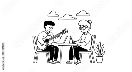 A delightful black and white illustration depicts a young person playing a guitar for an elderly person while they both sit at a table with a laptop and a plant