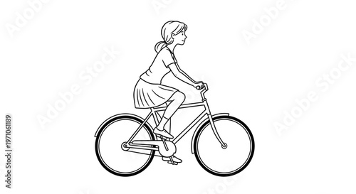 A monochrome line drawing of a woman riding a bicycle, depicted in profile view, highlighting the simple elegance of cycling