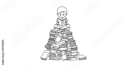 Young boy deeply engrossed in reading, perched atop a towering stack of educational books, symbolizing a journey of knowledge and intellectual growth through literature and learning
