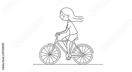 Simple vector line art illustration depicting a cheerful young girl enthusiastically riding her bicycle, capturing the essence of active living and the joy of a healthy outdoor activity