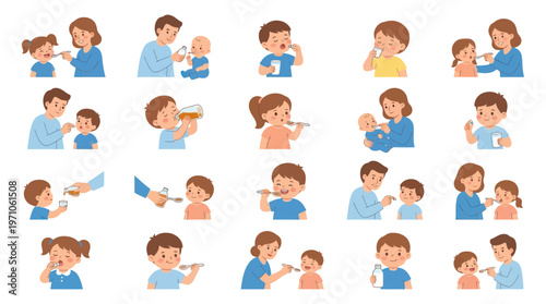 Medical Childcare Flat Vector: Parents Giving Medicine, Kids Brushing Teeth, Baby Feeding