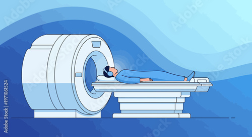 Patient undergoing MRI scan in a modern medical facility with blue wave background