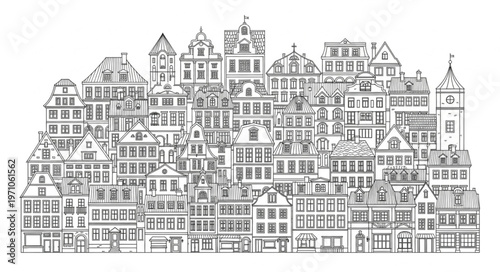 Detailed Black and White Sketch of an Old European Cityscape.
