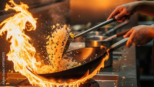 A chef expertly stir-frying rice in a hot wok with dramatic flames rising high in a professional kitchen setting, showcasing dynamic cooking.