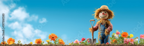 Banner depicting a field with a few multicolored flowers and a gardening cheerful straw scarecrow under a clear blue sky. The scarecrow is holding a shovel in one hand. Copy space.