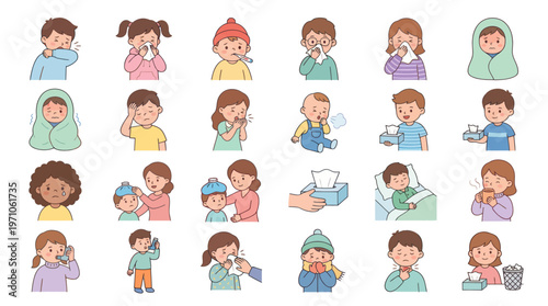 Pediatric Illness Symptoms  Care Flat Cartoon Vector Illustration Collection