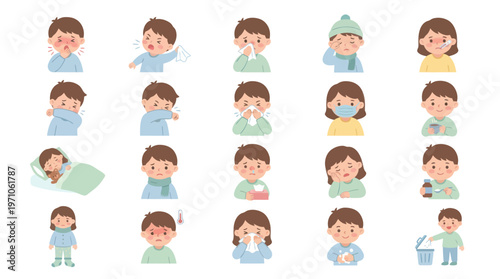 Healthcare Medical: Sick Children Illness Symptoms Flat Vector Illustration Set for Cold and Flu