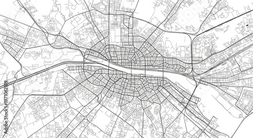 Detailed City Map Blueprint with Streets and Buildings.