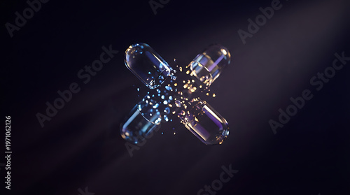 Blue glowing abstract light cross with sparkling particles on dark background for creative design and tech themes
